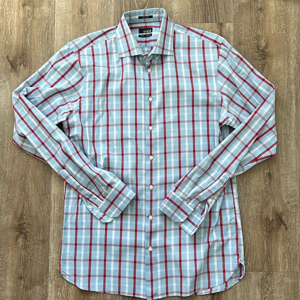 1901 Men's Light Blue & Red Plaid Button-Up Shirt